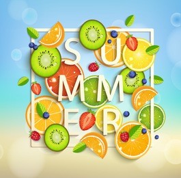 summer background with tropical fruits and berries, square frame and the lettering summer.. vector illustration.