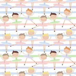 cute dancing ballerina girls in blue, green and pink dresses  on striped background. seamless pattern for baby and child wallpapers, textile, posters and clothing prints.girlfriends in ballet dresses