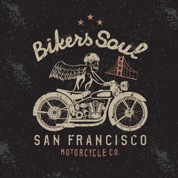 skeleton in helmet on bike and golden gate bridge vector design template