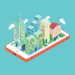 isometric town on smart phone. mobile concept. vector graphics