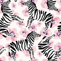 zebra on the pink flowers background. vector seamless pattern with striped safari animal.