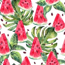 exotic summer watercolor seamless pattern with tropical leaves, slices of watermelon pattern, natural illustration on white background