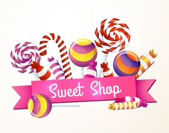 a large set of candies, sweets, greeting, logo, store, package.