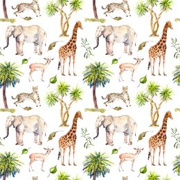 wild animals (giraffe, elephant, cheetah, antelope) in savannah with palm trees. repeating background. watercolor