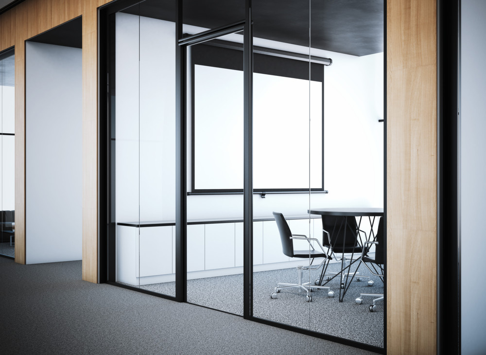 doors to the modern meeting room in office interior. 3d rendering
