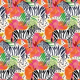 zebras, orange hibiscus flowers and palm leaves. vector seamless pattern.