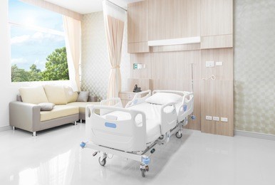 hospital room with beds and comfortable medical equipped in a modern hospital