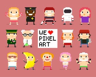 different pixel art characters, 8 bit people, we love pixel art sign with pixel heart