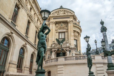 architectural details of opera national de paris. grand opera (garnier palace) is famous neo-baroque building in paris, france - unesco world heritage site.