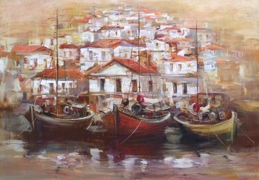 boats on the island harbor,handmade painting