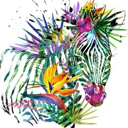 zebra. exotic tropical plant background. watercolor illustration. tropical nature