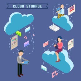 cloud storage. isometric computer technology. people uploading files to the repository. vector illustration