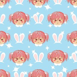 seamless vector pattern. flat cartoon girl with blonde hair. sweet, bright color. kawaii smiling face expression. perfect for textile, background, texture, fabric. blue, pink 