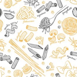 vector hand drawn pasta pattern. vintage line art illustration. outline food background