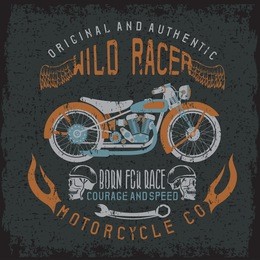 wild racer vintage print with motorcycle,wings and skulls