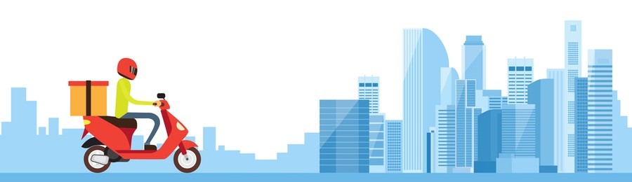 delivery boy ride scooter motorcycle city background banner flat vector illustration