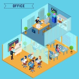 isometric modern office interior with people and computers. businessman at work. vector illustration