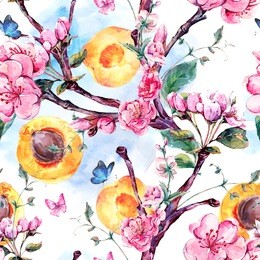 natural spring watercolor seamless pattern with fruits and flowers apricot tree branches, isolated decorative botanical illustration with flowers, and butterflies