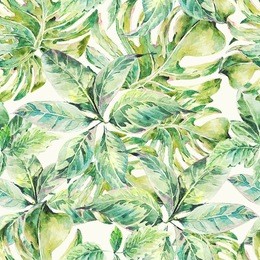 natural leaves exotic watercolor seamless pattern, green tropical leaves, botanical summer illustration on white background