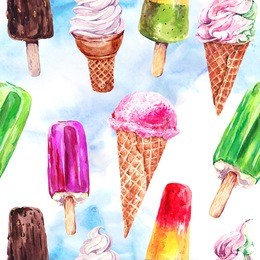 watercolor ice cream seamless pattern, summer illustrations, fruit ice cream and chocolate pattern, soft italian fruit ice cream, exotic summer greeting card 