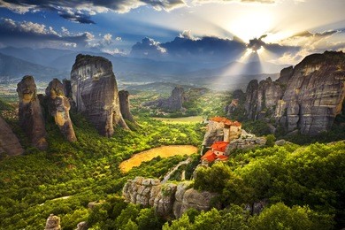 greece. meteora - incredible sandstone rock formations. the holly monastery of rousanou and st. nikolaos anapafsas monastery in background. the meteora area is on unesco world heritage list since 1988