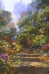 stone staircase in wood with colorful flowers,illustration painting
