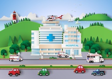 hospital building and emergency transport.paper art style.