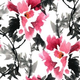 watercolor and ink illustration of blossom peonies. gohua, sumi-e, u-sin painting. seamless pattern.