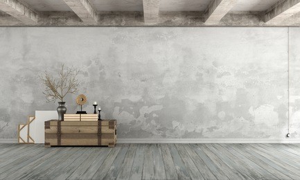 grunge living room with old wall ,wooden chest on floor and concrete beams - 3d rendering
