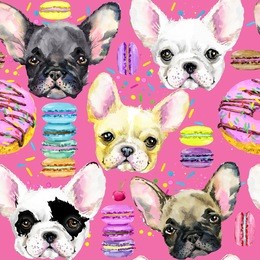 cute dog seamless pattern. french bulldog. puppy watercolor illustration. fashion print. sweet dessert background.
