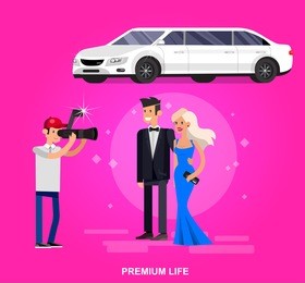 vector detailed character rich and beautiful celebrities, man in tails and blond woman in evening dress, celebrities walking on a red carpet, celebrities with limousine