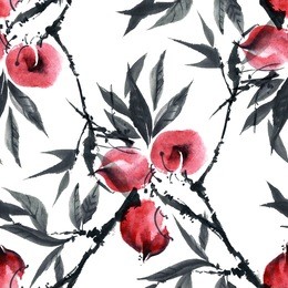watercolor and ink illustration of peach tree. gohua, sumi-e, u-sin painting. seamless pattern.