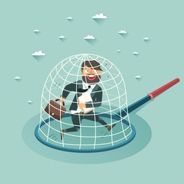 overworked businessman in a trap. career concept. vector colorful illustration in flat style
