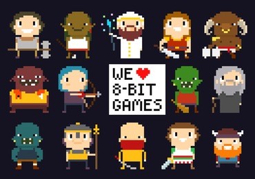 pixel art characters, 8-bit game characters, warriors, monsters, mage, sorcerer, humans and orcs, we love 8-bit games sign