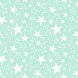 brush drawn stars of different size seamless vector pattern. doodle style star shapes. rough texture, uneven edges. free hand drawn background. mint green and white.