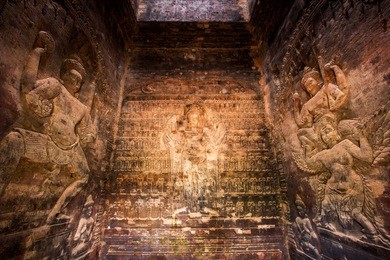 bas-relief inside prasat kravan at siem reap, cambodia