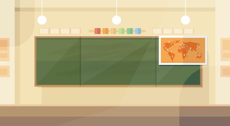 school classroom interior board map flat design vector illustration