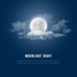 mystical night sky background with full moon, clouds and stars. moonlight night. vector illustration.