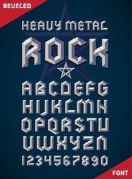 gothic font, metallic beveled alphabet and numbers. upper case. vector illustration.