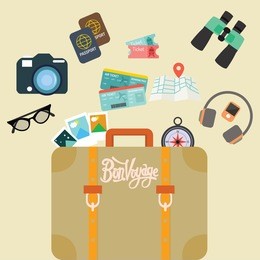 travel bon voyage baggage leather suitcase object carry like camera passport map and ticket