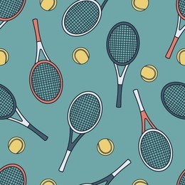 sports equipment hand drawn seamless pattern vector. doodle blue background. cartoon illustration with sport objects: tennis ball and tennis racket