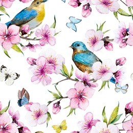 watercolor pattern spring, cherry blossoms, blossoming peach, delicate pink flowers, small birds, white background