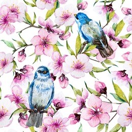 watercolor pattern spring, cherry blossoms, blossoming peach, delicate pink flowers, blue bird sitting on a branch with flowers