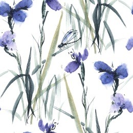 watercolor and ink illustration of blossom flowers. gohua, sumi-e, u-sin painting. seamless pattern.