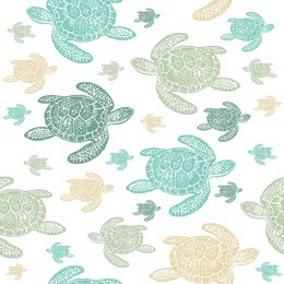 sea turtles colorfully seamless vector pattern. realistic engraved style of sea turtles on white background.
