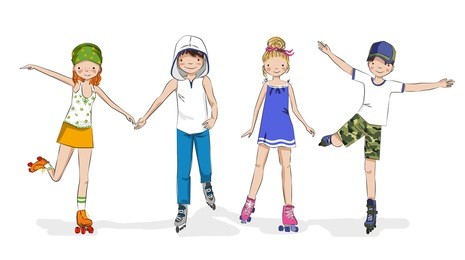 roller skaters. skating girls and boys. cartoon young couples. teen friends.