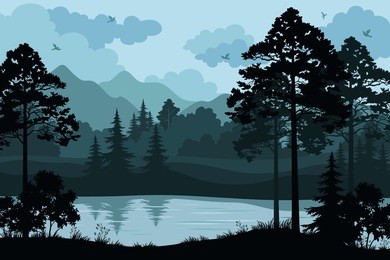 mountains, trees and river