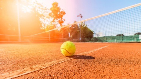close-up tennis ball and net on court