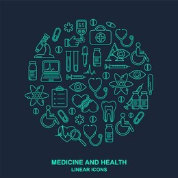 vector medicine and health design round pattern with modern blue linear icons. medical background contains line style symbols.
