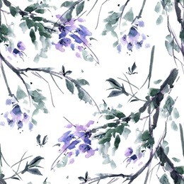 watercolor and ink illustration of blossom tree. gohua, sumi-e, u-sin painting. seamless pattern.